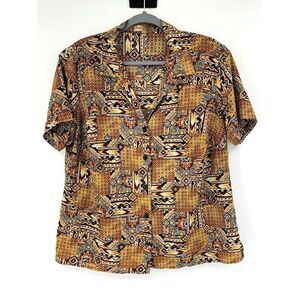 Notations Brown Black Aztec Print Short Sleeve Button Up Women's Blouse Size 1 X
